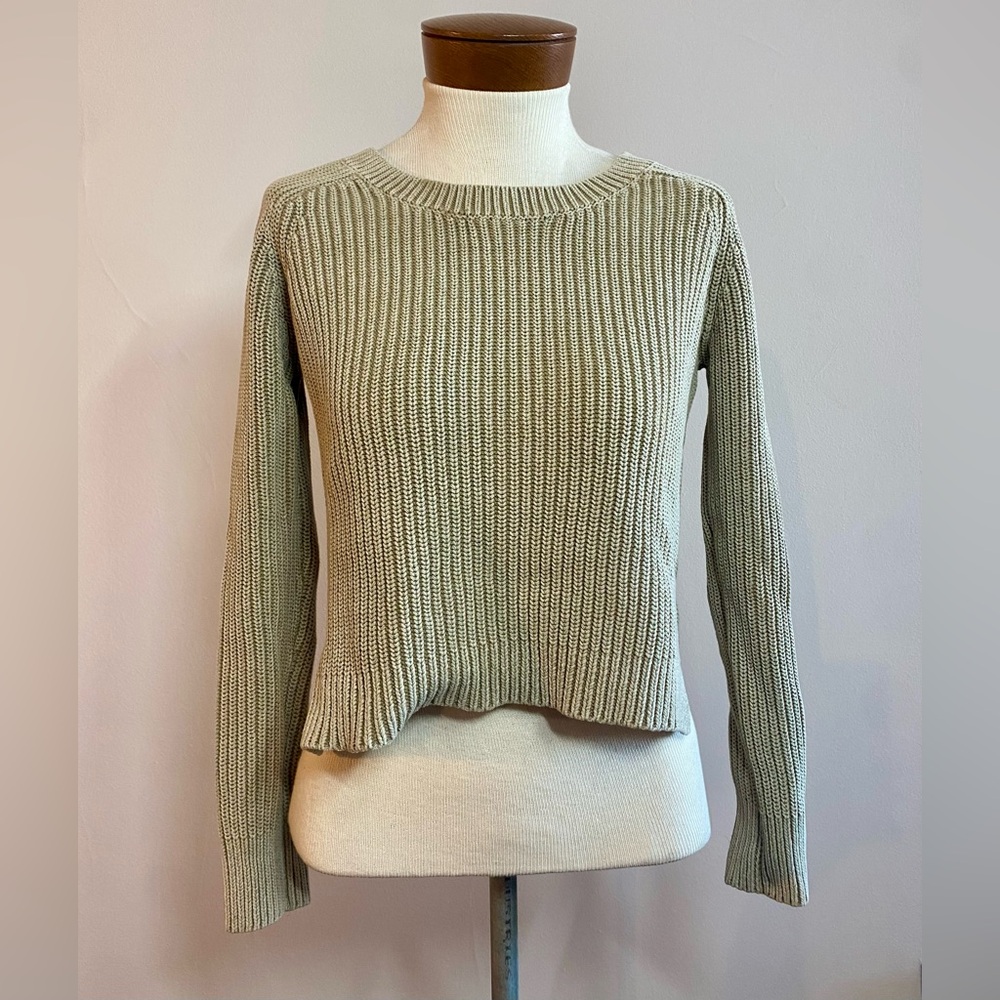 Cotton Crew Neck Sweater Size XS Rib Knit acid wash sun faded sage green